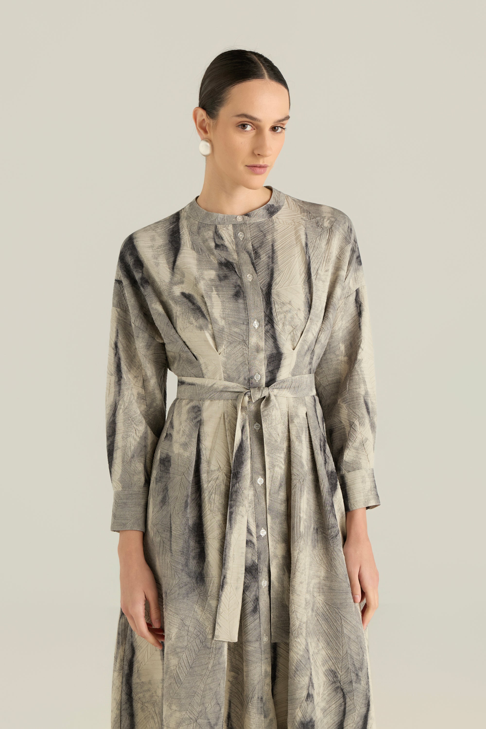 Crinkled Leaf Print Dress(2Pcs)