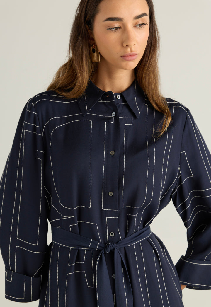 Folded Sleeve Stitched Shirt Dress