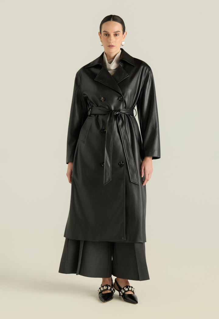 Pu Leather Belted Coat