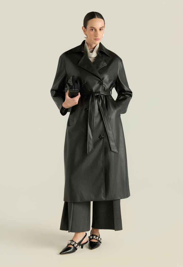 Pu Leather Belted Coat